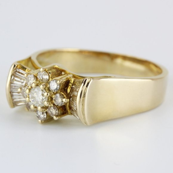 Vintage 14K Yellow Gold Round & Baguette Diamond Anniversary Band Cocktail Ring - Picture 2 of 6